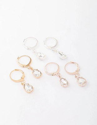 Mixed Metal Drop Pear Diamante Huggie Earring 3-Pack