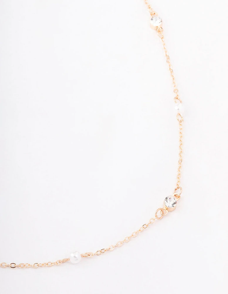 Gold Pearl & Round Diamante Necklace