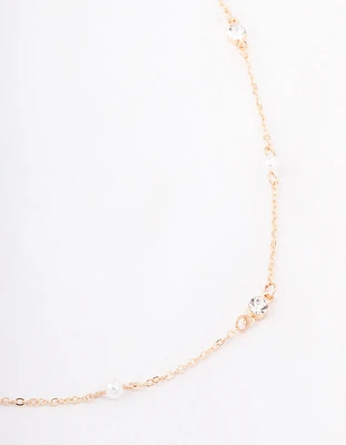 Gold Pearl & Round Diamante Necklace