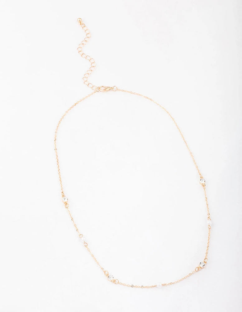 Gold Pearl & Round Diamante Necklace