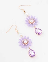 Gold Purple Coated Metal Pearl Flower Drop Earrings