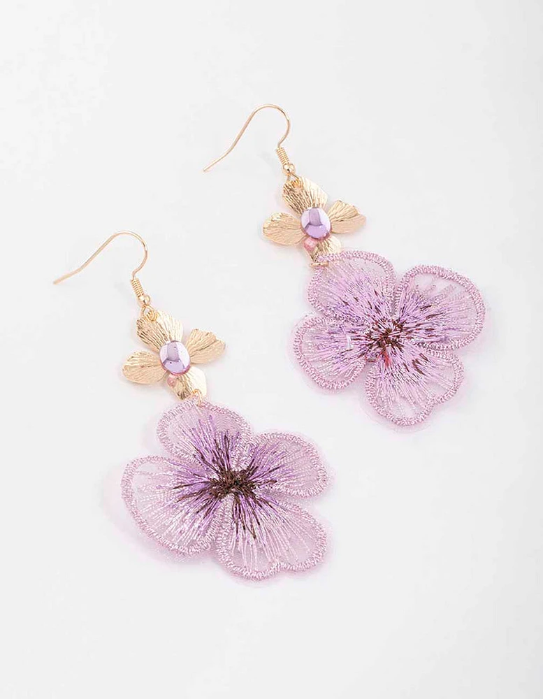 Gold Purple Fabric Flower Drop Earrings