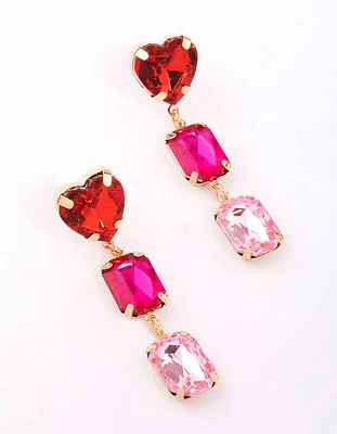 Gold Pink & Red Stone Heart Drop Earrings