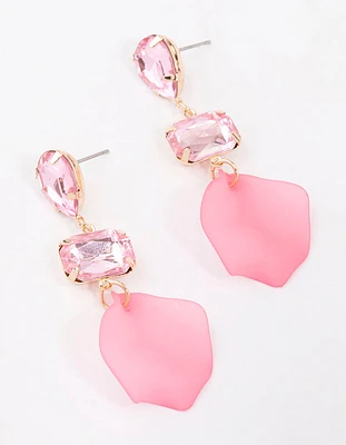 Gold Pink Pear & Rectangle Diamante Petal Drop Earrings