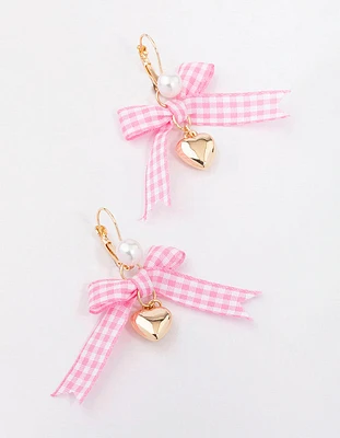 Gold Pink Gingham Bow & Heart Drop Earrings