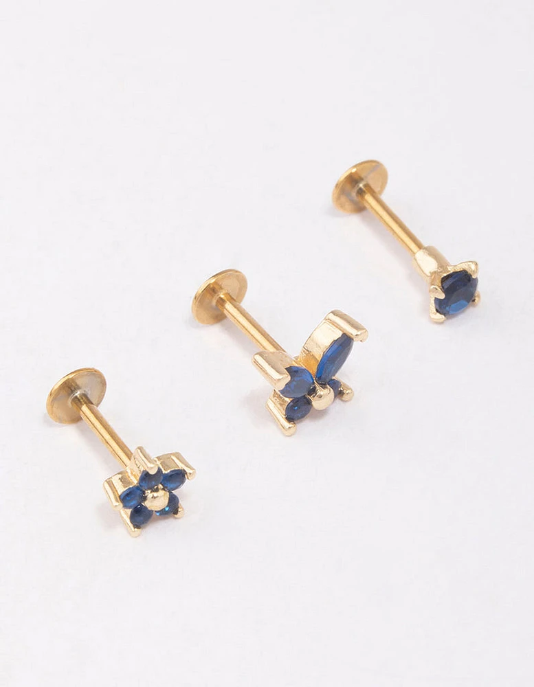 Gold Plated Surgical Steel Butterfly & Flower Flat Back 3-Pack