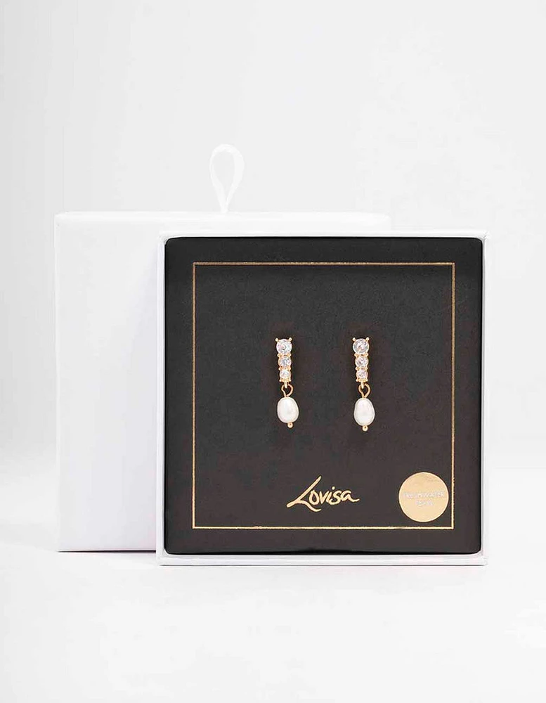 Gold Cupchain Pearl Drop Earrings