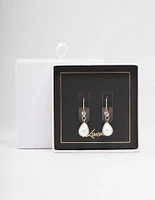 Gold Diamante & Pearl French Hook Drop Earrings