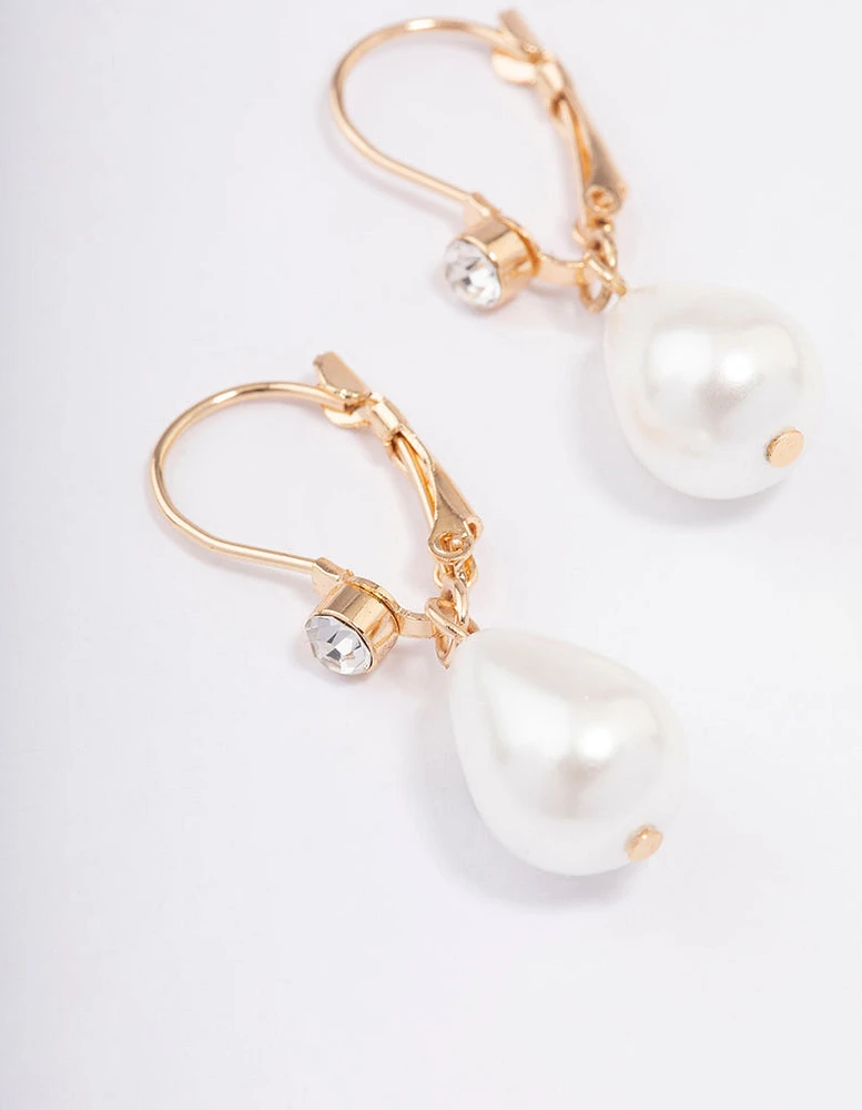 Gold Diamante & Pearl French Hook Drop Earrings