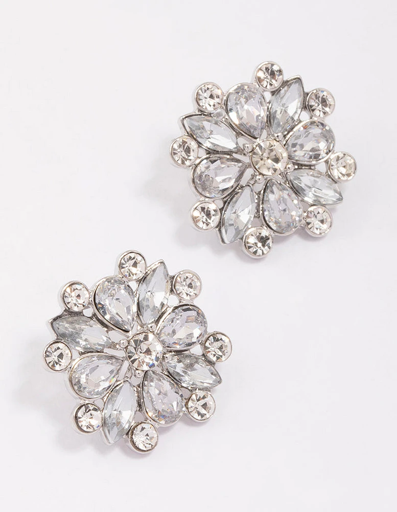 Silver Pear Round Diamante Flower Stud Earrings