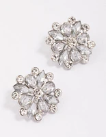 Silver Pear Round Diamante Flower Stud Earrings