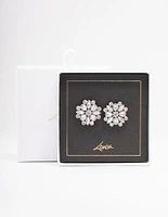 Silver Pear Round Diamante Flower Stud Earrings