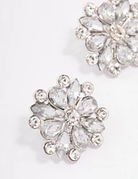 Silver Pear Round Diamante Flower Stud Earrings