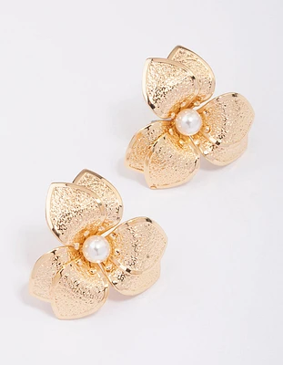 Gold Foiled Petal Pearl Stud Earrings