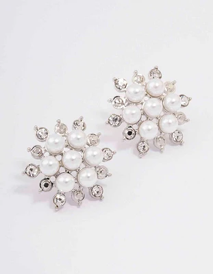 Rhodium Diamante & Pearl Flower Stud Earrings