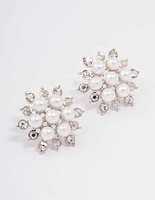 Rhodium Diamante & Pearl Flower Stud Earrings