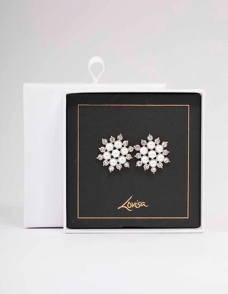 Rhodium Diamante & Pearl Flower Stud Earrings