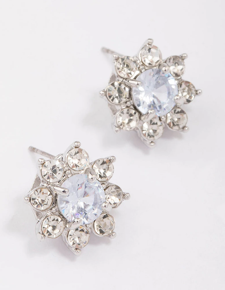 Rhodium Diamante Flower Stud Earrings