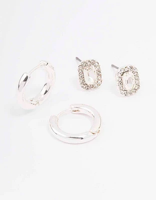 Silver Rectangle Halo Diamante Hoop Earring Pack