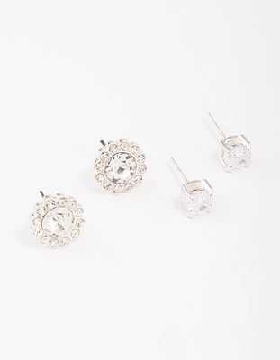 Silver Diamante Flower Stud Earring Pack