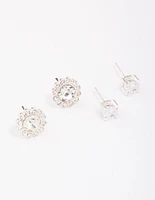 Silver Diamante Flower Stud Earring Pack