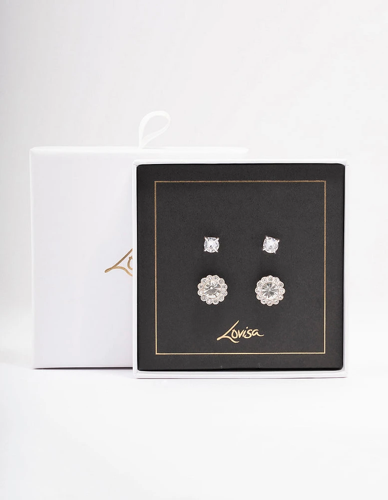 Silver Diamante Flower Stud Earring Pack