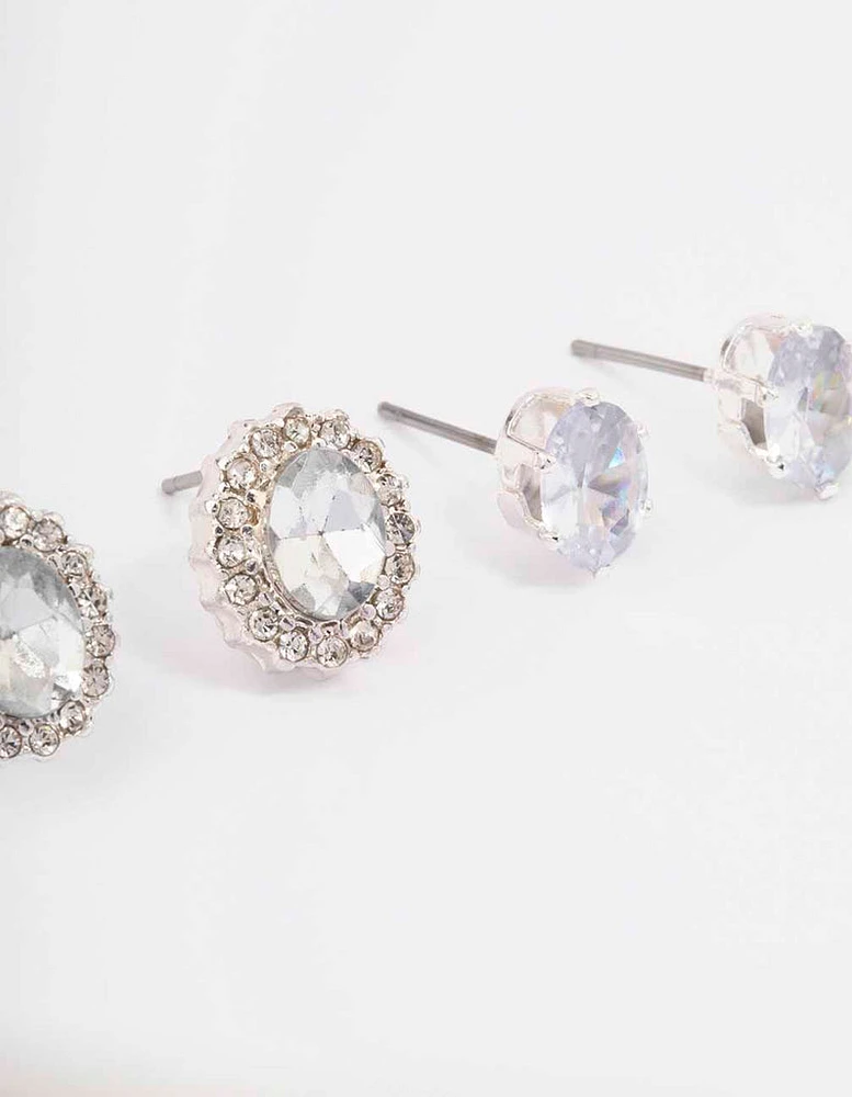 Silver Oval Halo Diamante Stud Earring Pack