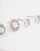 Silver Oval Halo Diamante Stud Earring Pack