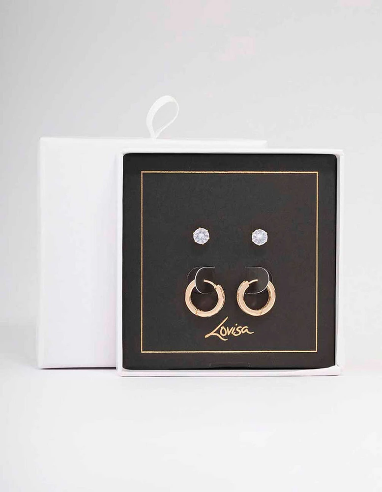 Gold Encased Diamante Stud & Hoop Earring Pack