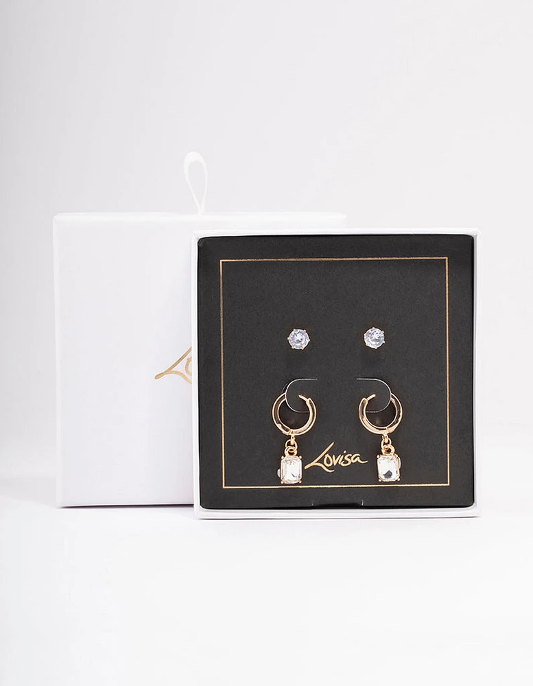 Gold Diamante Stud & Huggie Earring Pack