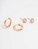 Gold Halo Diamante Stud & Hoop Earring Pack