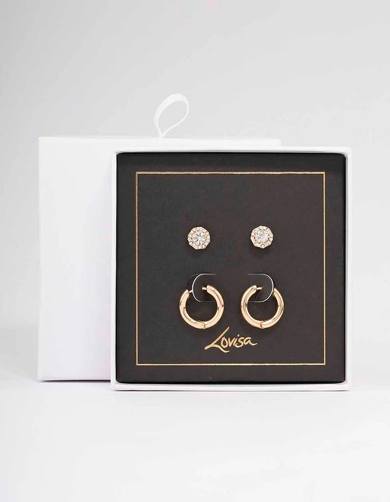 Gold Halo Diamante Stud & Hoop Earring Pack