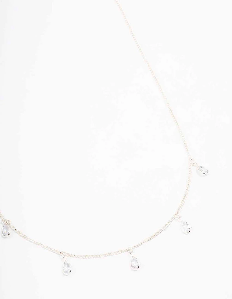 Silver Pearl Floating Diamante Droplet Necklace