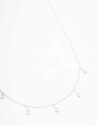 Silver Pearl Floating Diamante Droplet Necklace