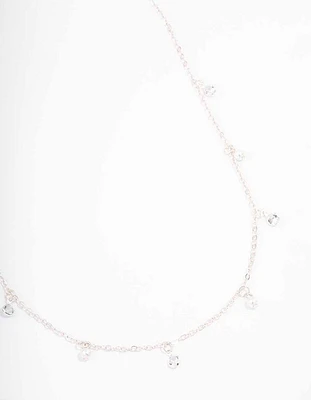 Silver Diamante & Pearl Drop Station Necklace