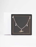 Silver Diamante & Pearl Drop Station Necklace