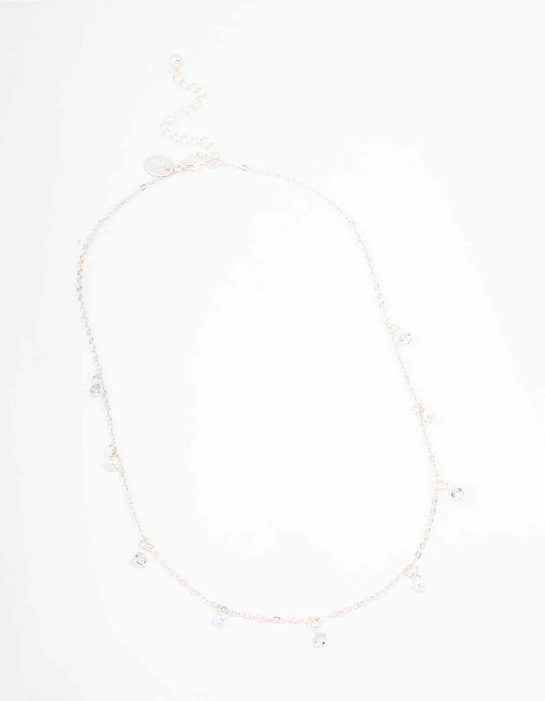 Silver Diamante & Pearl Drop Station Necklace