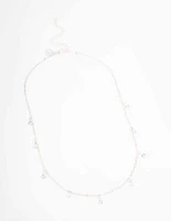 Silver Diamante & Pearl Drop Station Necklace