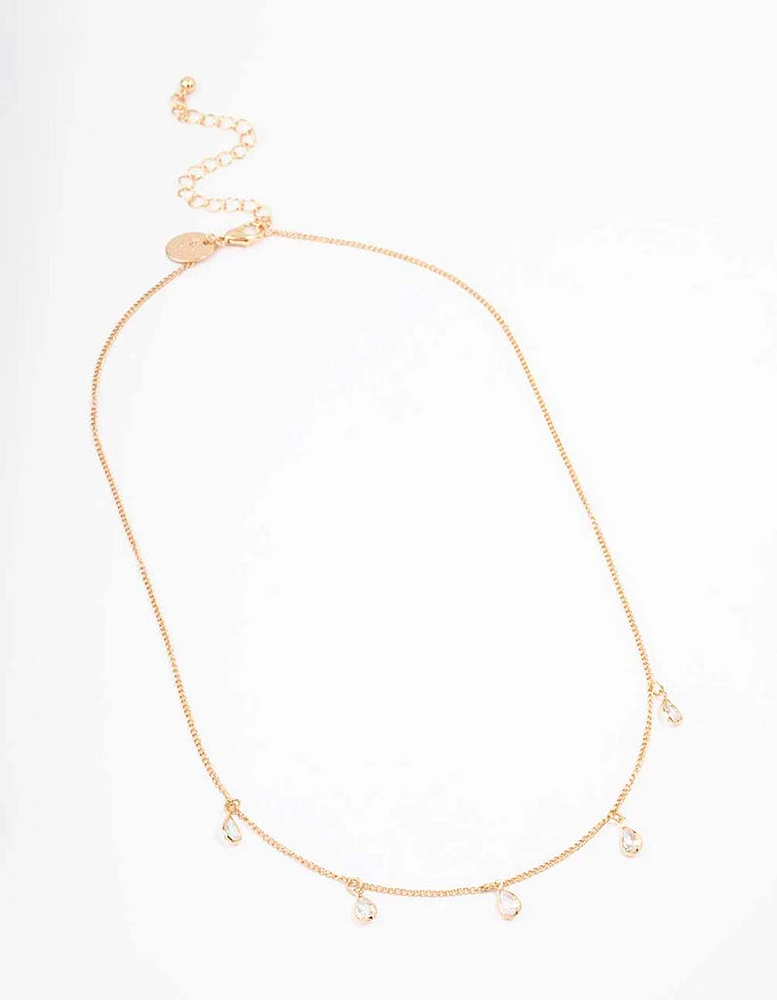 Gold Floating Pear Diamante Droplet Necklace