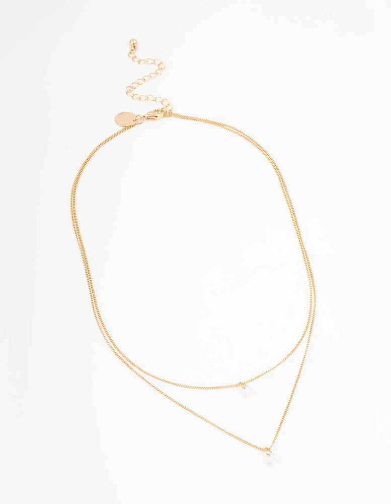 Gold Double Chain Floating Diamante Necklace