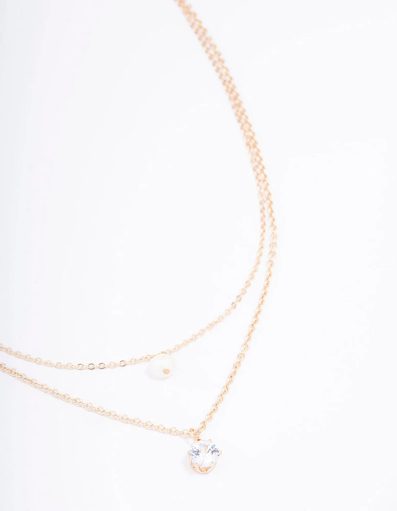 Gold Double Chain Pearl & Diamante Necklace