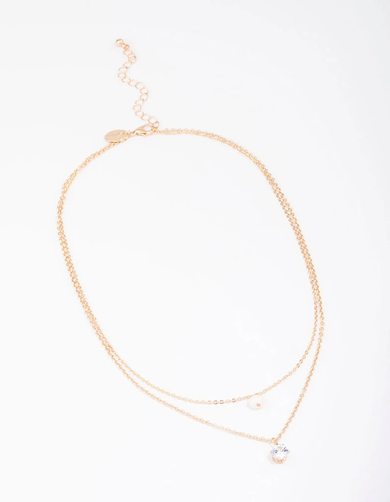 Gold Double Chain Pearl & Diamante Necklace