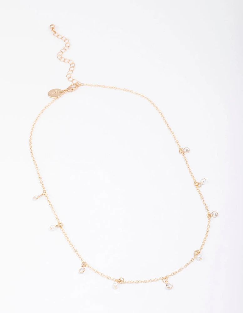 Gold Diamante & Pearl Drop Station Necklace