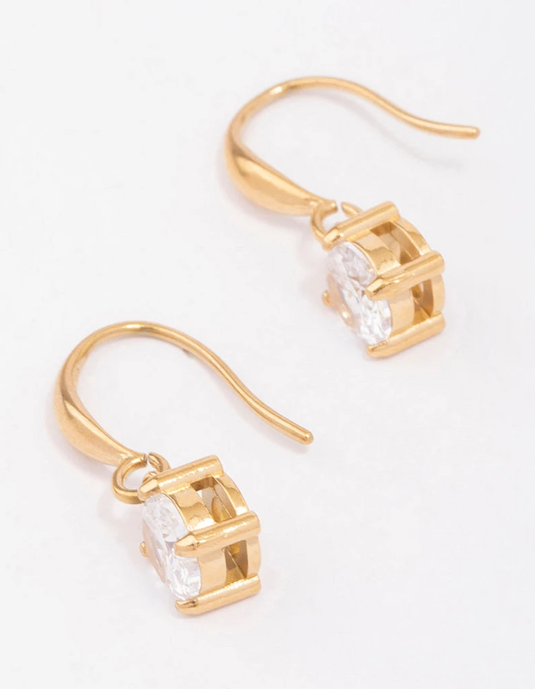 Gold Plated Stainless Steel Cubic Zirconia Solitaire French Hook Earrings