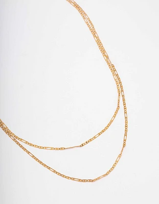 Waterproof Gold Plated Stainless Steel Figaro Double Chain Necklace