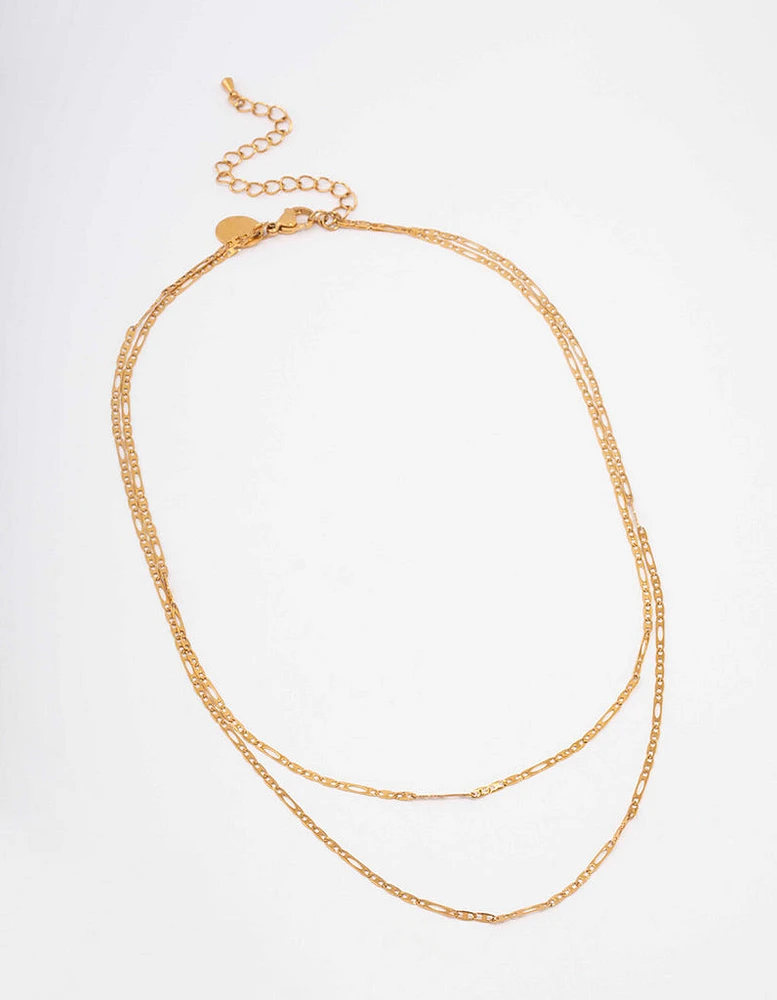 Gold Plated Stainless Steel Figaro Double Chain Necklace