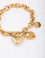 Gold Plated Stainless Steel Puffy Heart Charm & Lock Bracelet