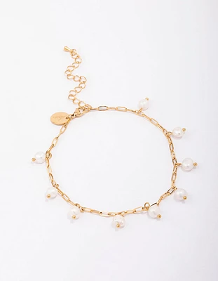 Gold Plated Stainless Steel Station Freshwater Pearl Drop Anklet