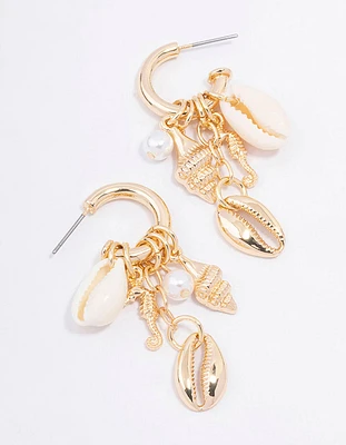 Gold Shell Pearl Charm Hoop Earrings