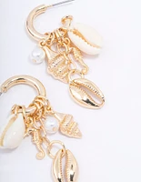 Gold Shell Pearl Charm Hoop Earrings